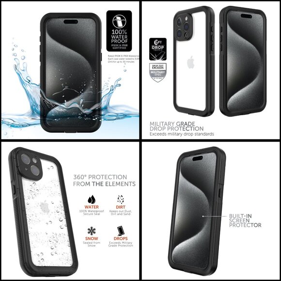 Body Glove iPhone 15 Pro Black/Clear Tidal Waterproof 6ft Drop Phone Case NEW - Picture 4 of 7